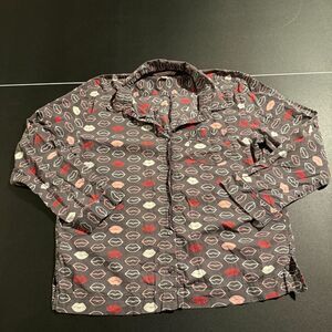 Victoria’s Secret Sleep Shirt Top Large Grey Sexy Lips Print Button Down Y2K